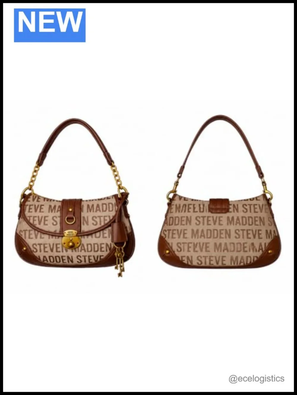 Faux Leather Logo Print Shoulder Bag with Chain Strap